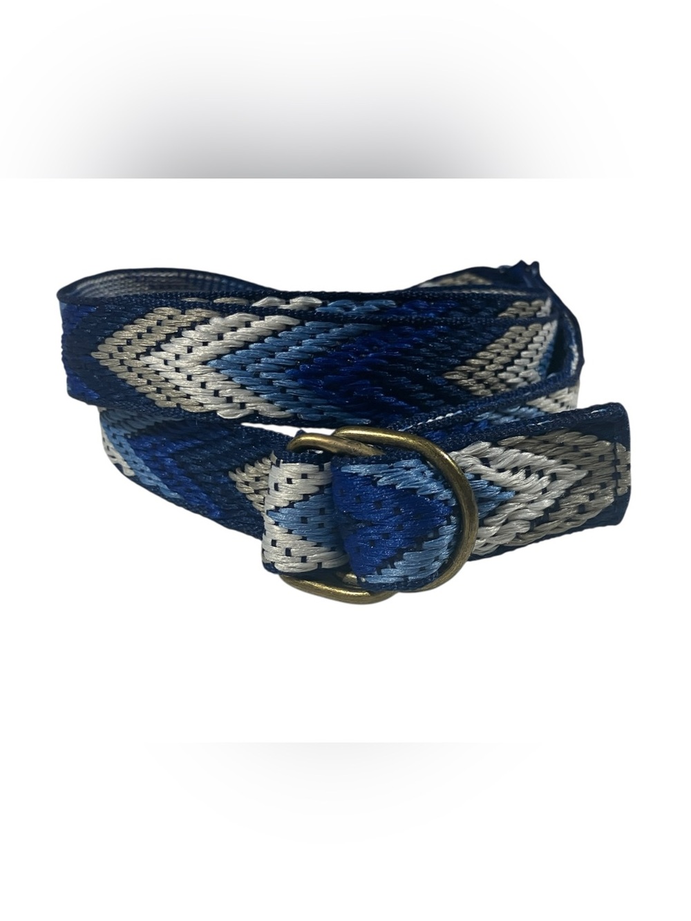 Women Blue Gray Chevron Woven Belt Adjustable Metal D-Ring Buckle One Size